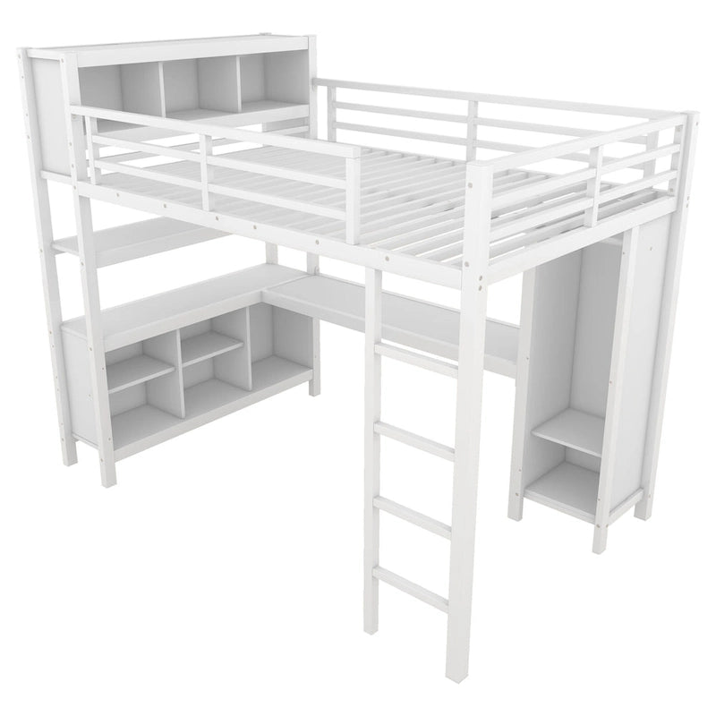 Letto a soppalco in metallo nero/bianco sporco con scrivania a L e armadio, completo/matrimoniale, 1 persona