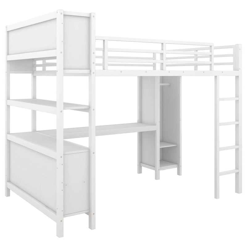 Letto a soppalco in metallo nero/bianco sporco con scrivania a L e armadio, completo/matrimoniale, 1 persona