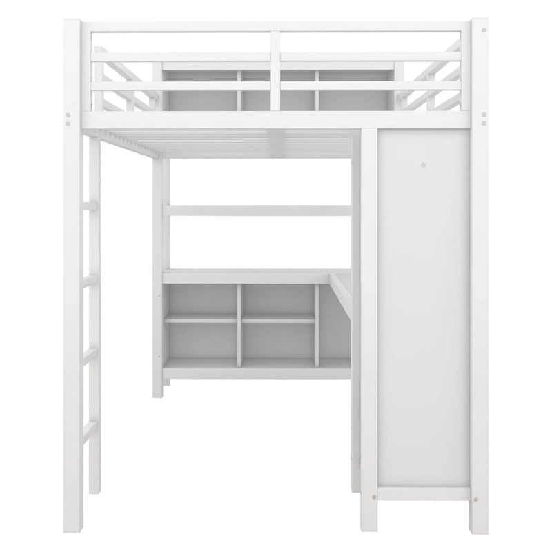 Letto a soppalco in metallo nero/bianco sporco con scrivania a L e armadio, completo/matrimoniale, 1 persona