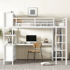 Letto a soppalco in metallo nero/bianco sporco con scrivania a L e armadio, completo/matrimoniale, 1 persona