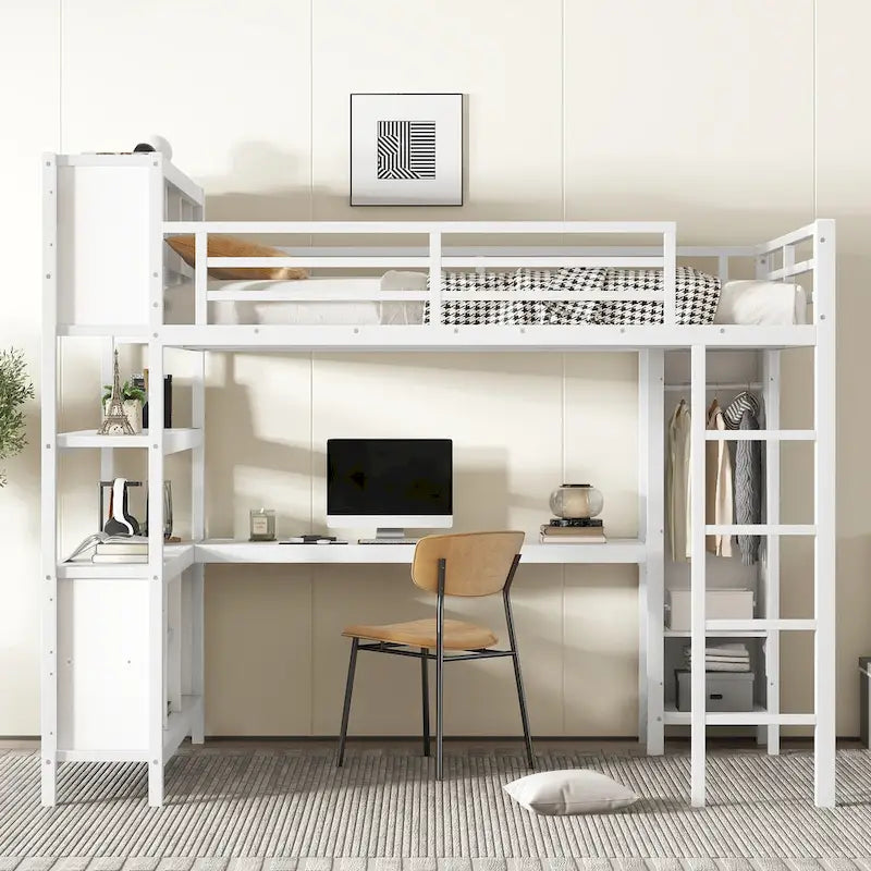 Letto a soppalco in metallo nero/bianco sporco con scrivania a L e armadio, completo/matrimoniale, 1 persona