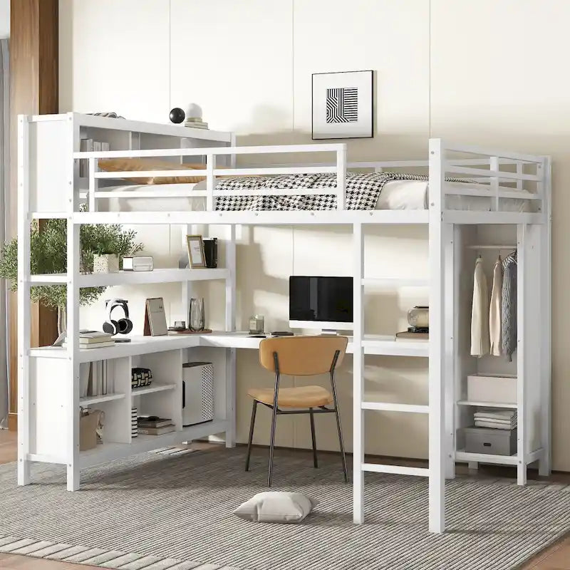Letto a soppalco in metallo nero/bianco sporco con scrivania a L e armadio, completo/matrimoniale, 1 persona