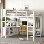 Letto a soppalco in metallo nero/bianco sporco con scrivania a L e armadio, completo/matrimoniale, 1 persona