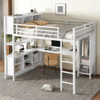Letto a soppalco in metallo nero/bianco sporco con scrivania a L e armadio, completo/matrimoniale, 1 persona