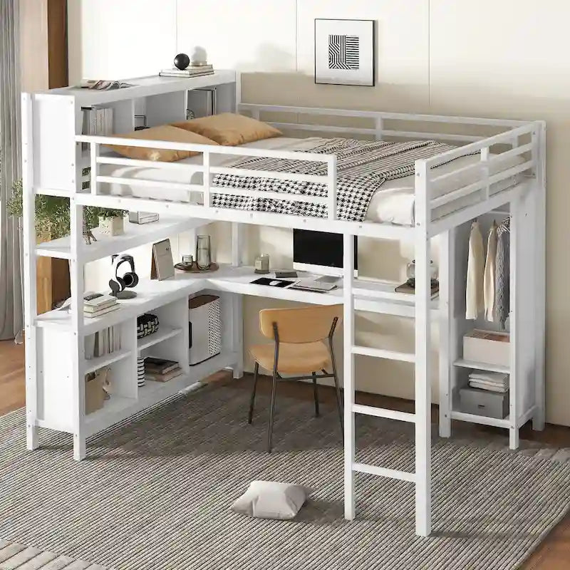Letto a soppalco in metallo nero/bianco sporco con scrivania a L e armadio, completo/matrimoniale, 1 persona