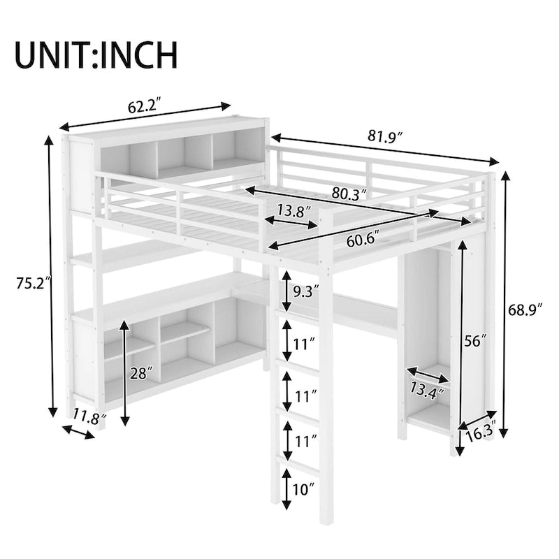 Letto a soppalco in metallo nero/bianco sporco con scrivania a L e armadio, completo/matrimoniale, 1 persona