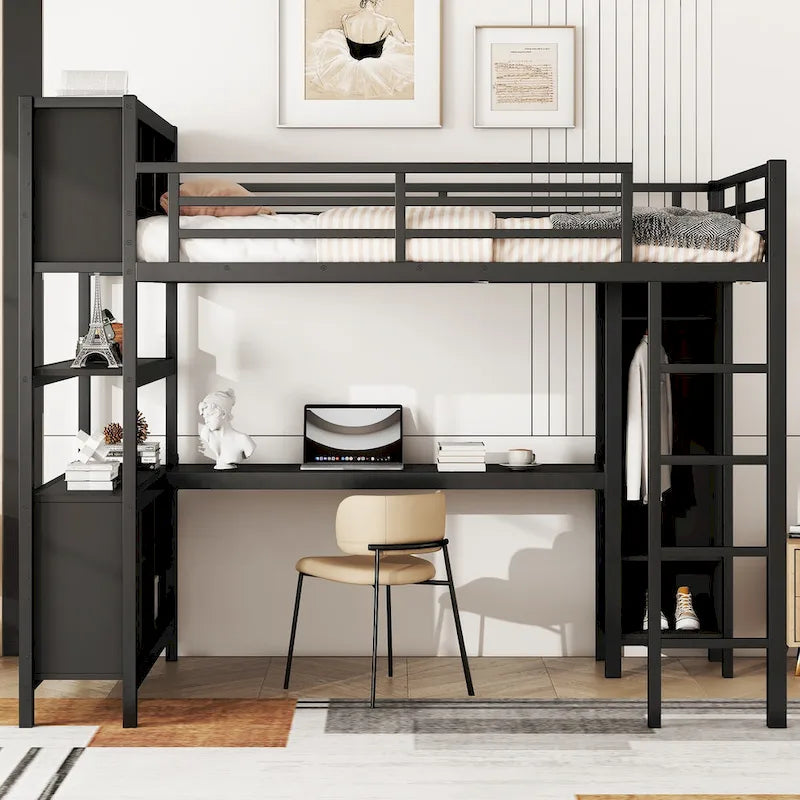 Letto a soppalco in metallo nero/bianco sporco con scrivania a L e armadio, completo/matrimoniale, 1 persona