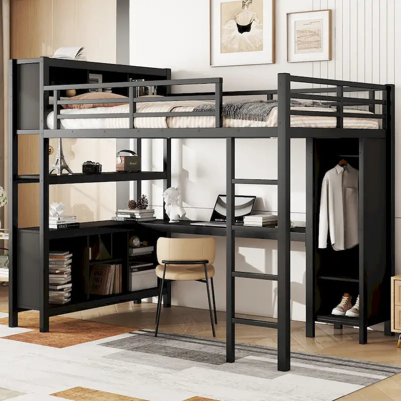 Letto a soppalco in metallo nero/bianco sporco con scrivania a L e armadio, completo/matrimoniale, 1 persona