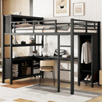 Letto a soppalco in metallo nero/bianco sporco con scrivania a L e armadio, completo/matrimoniale, 1 persona