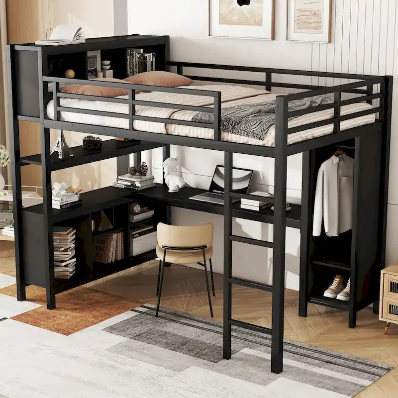 Letto a soppalco in metallo nero/bianco sporco con scrivania a L e armadio, completo/matrimoniale, 1 persona