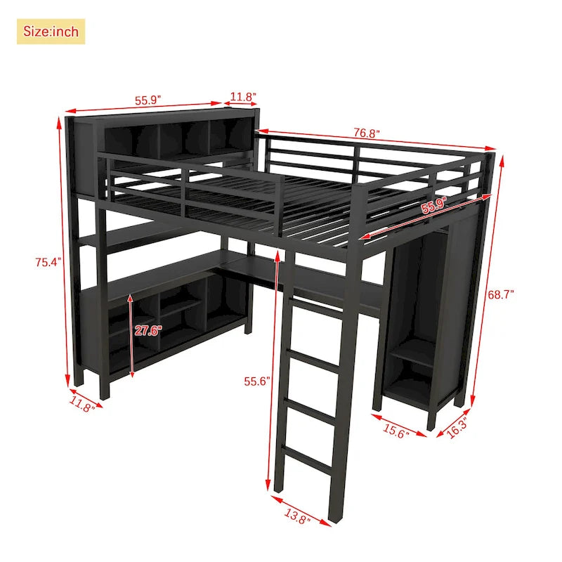 Letto a soppalco in metallo nero/bianco sporco con scrivania a L e armadio, completo/matrimoniale, 1 persona