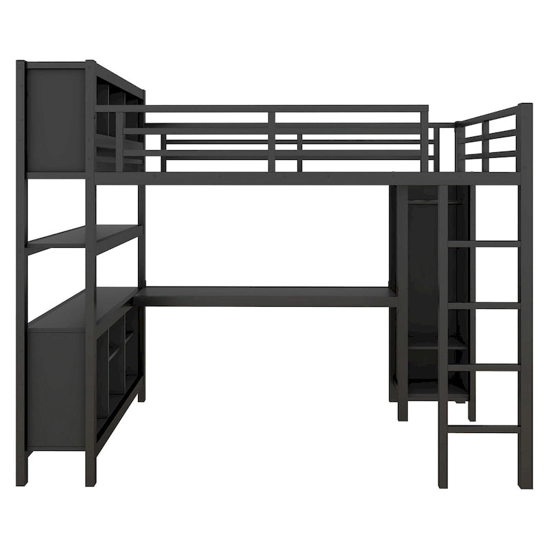 Letto a soppalco in metallo nero/bianco sporco con scrivania a L e armadio, completo/matrimoniale, 1 persona