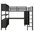 Letto a soppalco in metallo nero/bianco sporco con scrivania a L e armadio, completo/matrimoniale, 1 persona