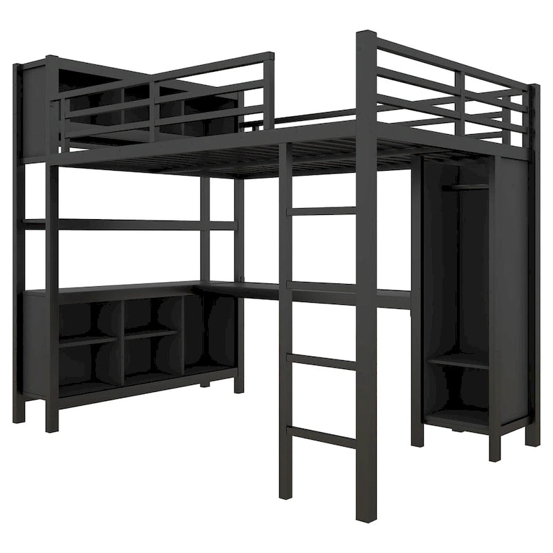 Letto a soppalco in metallo nero/bianco sporco con scrivania a L e armadio, completo/matrimoniale, 1 persona