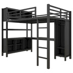 Letto a soppalco in metallo nero/bianco sporco con scrivania a L e armadio, completo/matrimoniale, 1 persona