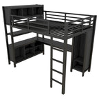 Letto a soppalco in metallo nero/bianco sporco con scrivania a L e armadio, completo/matrimoniale, 1 persona
