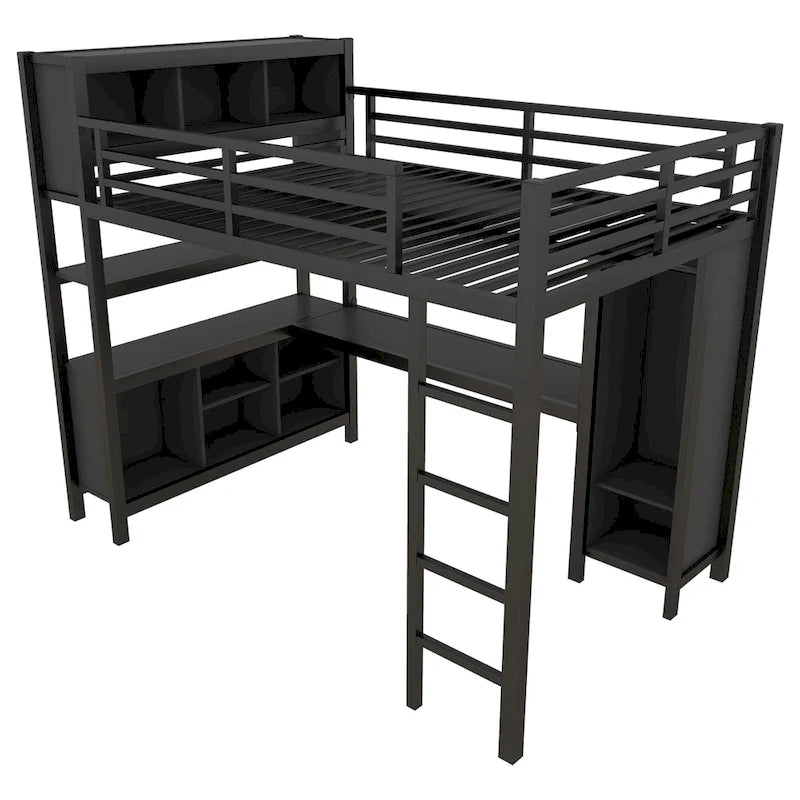 Letto a soppalco in metallo nero/bianco sporco con scrivania a L e armadio, completo/matrimoniale, 1 persona
