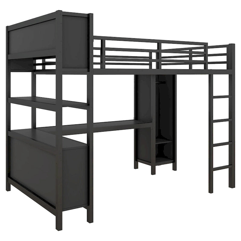 Letto a soppalco in metallo nero/bianco sporco con scrivania a L e armadio, completo/matrimoniale, 1 persona