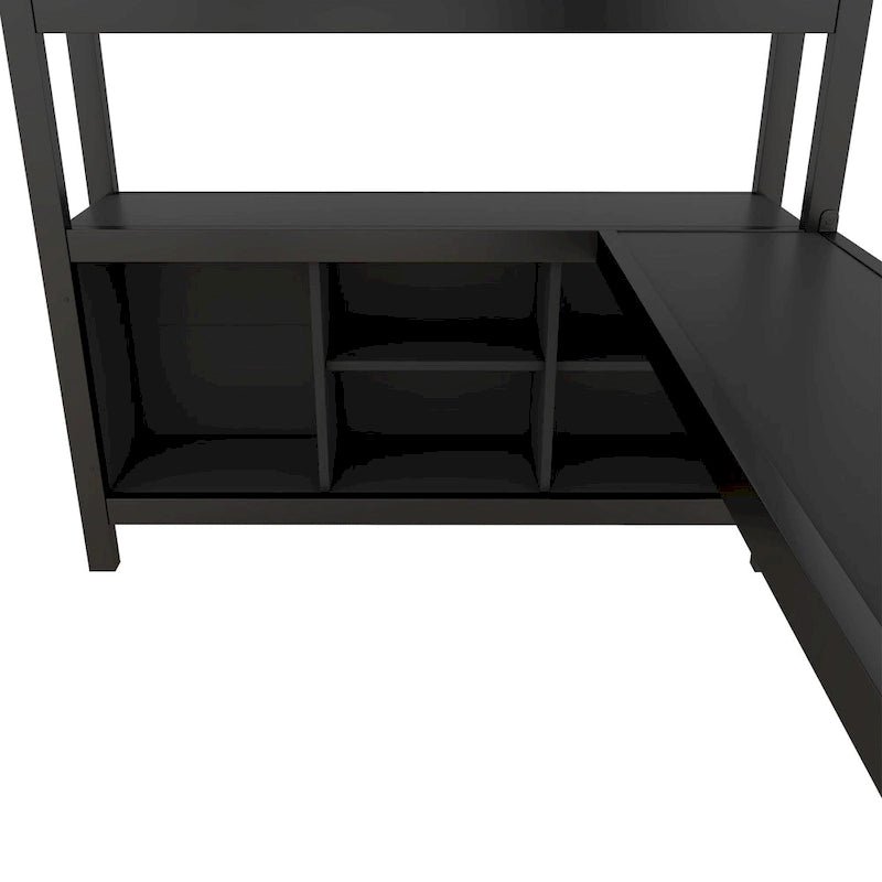 Letto a soppalco in metallo nero/bianco sporco con scrivania a L e armadio, completo/matrimoniale, 1 persona