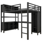 Letto a soppalco in metallo nero/bianco sporco con scrivania a L e armadio, completo/matrimoniale, 1 persona