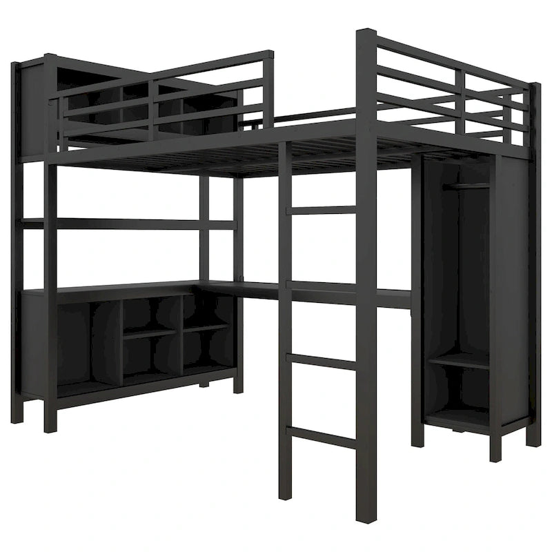 Letto a soppalco in metallo nero/bianco sporco con scrivania a L e armadio, completo/matrimoniale, 1 persona
