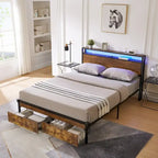 Letto matrimoniale king size marrone e nero con luci a LED, testiera in legno e 2 cassetti portaoggetti