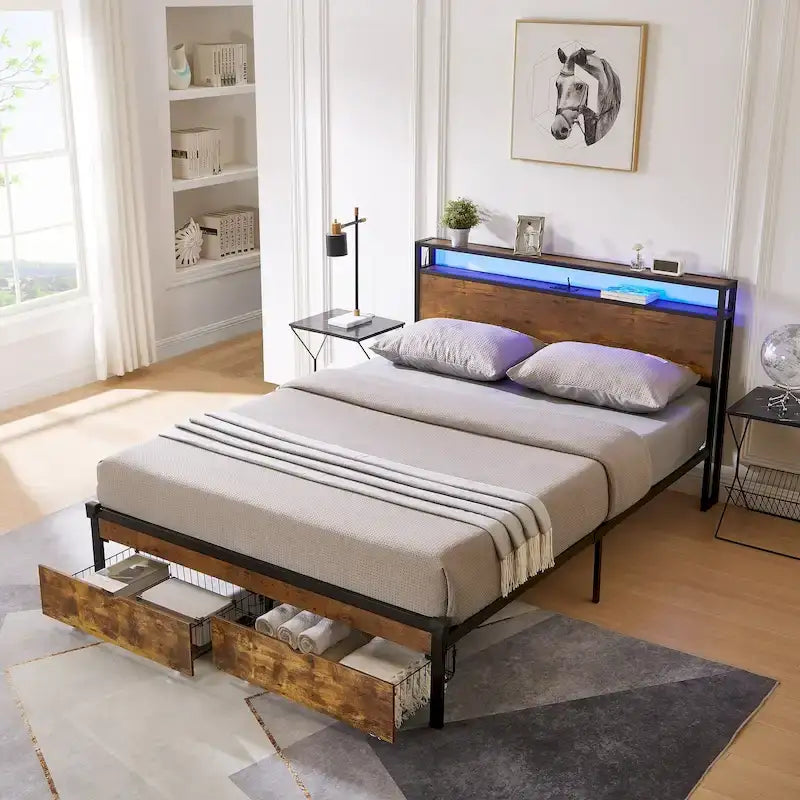 Letto matrimoniale king size marrone e nero con luci a LED, testiera in legno e 2 cassetti portaoggetti
