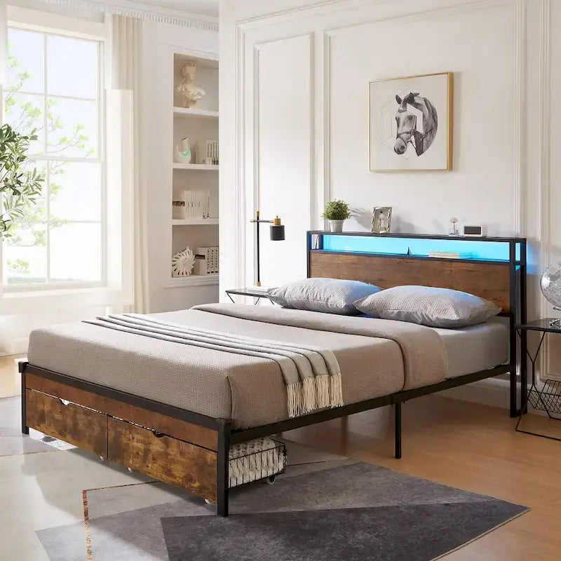 Letto matrimoniale king size marrone e nero con luci a LED, testiera in legno e 2 cassetti portaoggetti