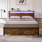Letto matrimoniale king size marrone e nero con luci a LED, testiera in legno e 2 cassetti portaoggetti