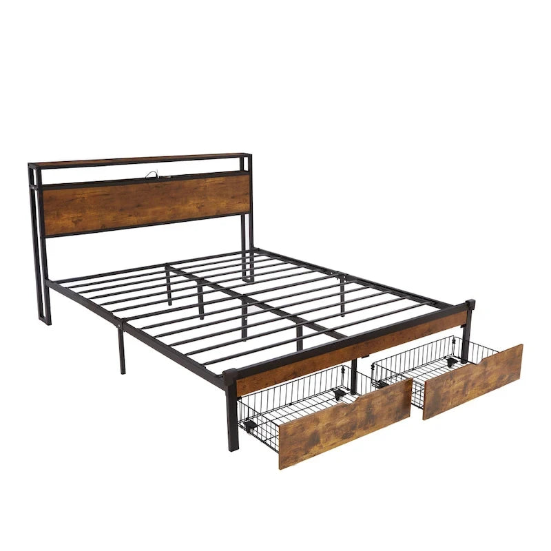 Letto matrimoniale king size marrone e nero con luci a LED, testiera in legno e 2 cassetti portaoggetti