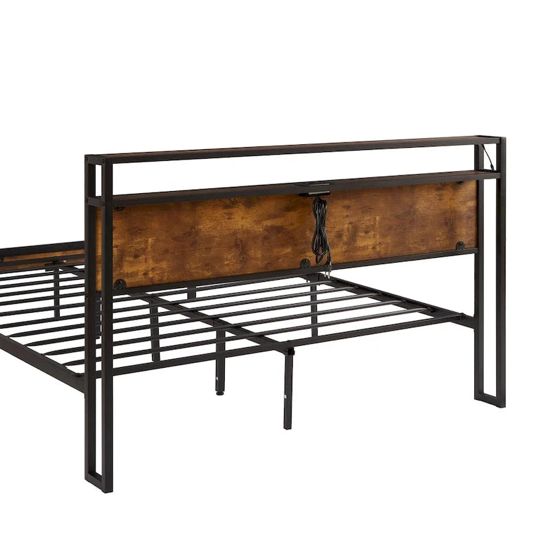 Letto matrimoniale king size marrone e nero con luci a LED, testiera in legno e 2 cassetti portaoggetti