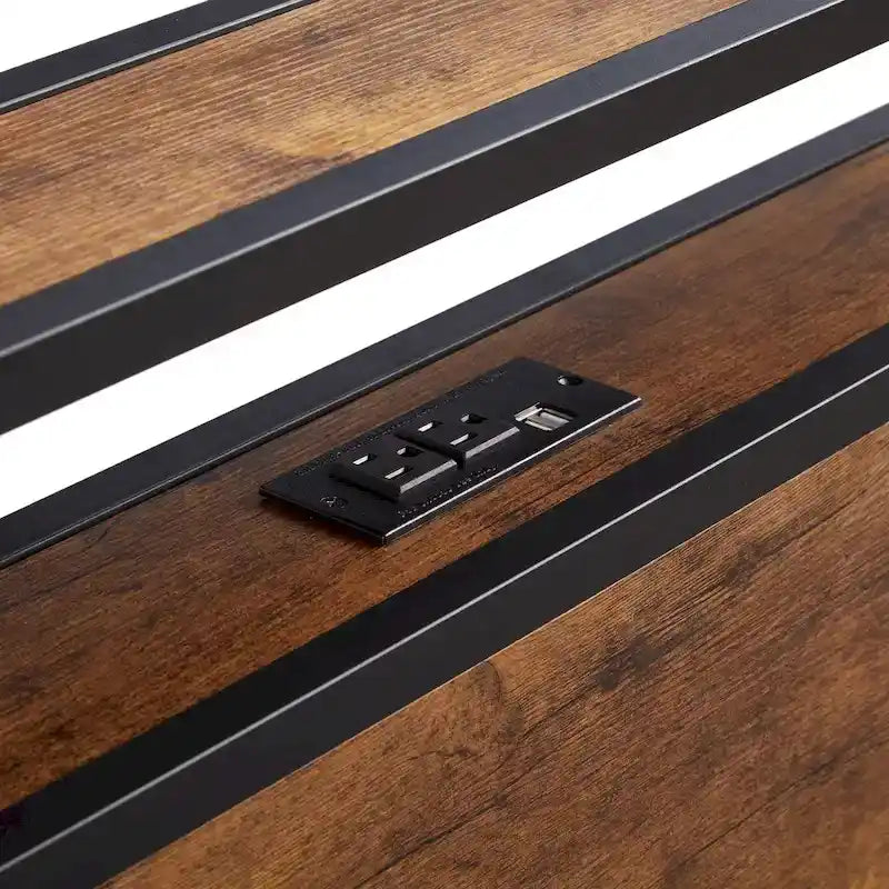Letto matrimoniale king size marrone e nero con luci a LED, testiera in legno e 2 cassetti portaoggetti