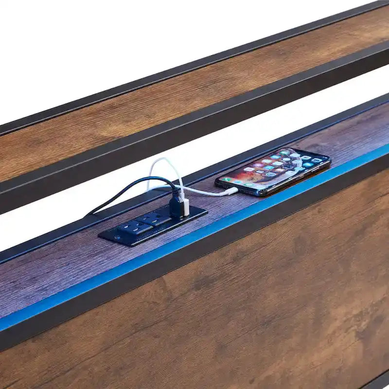 Letto matrimoniale king size marrone e nero con luci a LED, testiera in legno e 2 cassetti portaoggetti