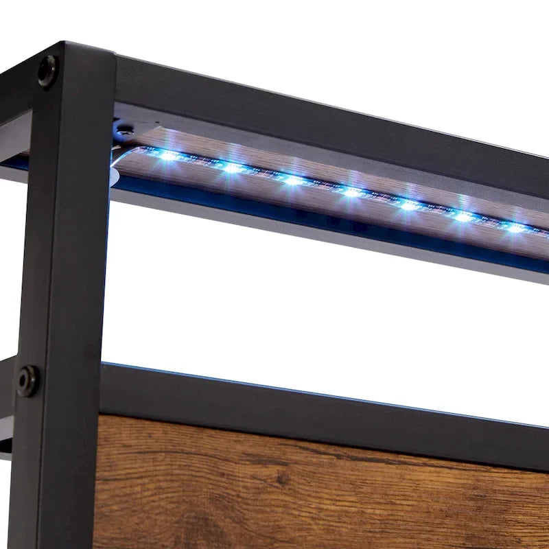 Letto matrimoniale king size marrone e nero con luci a LED, testiera in legno e 2 cassetti portaoggetti