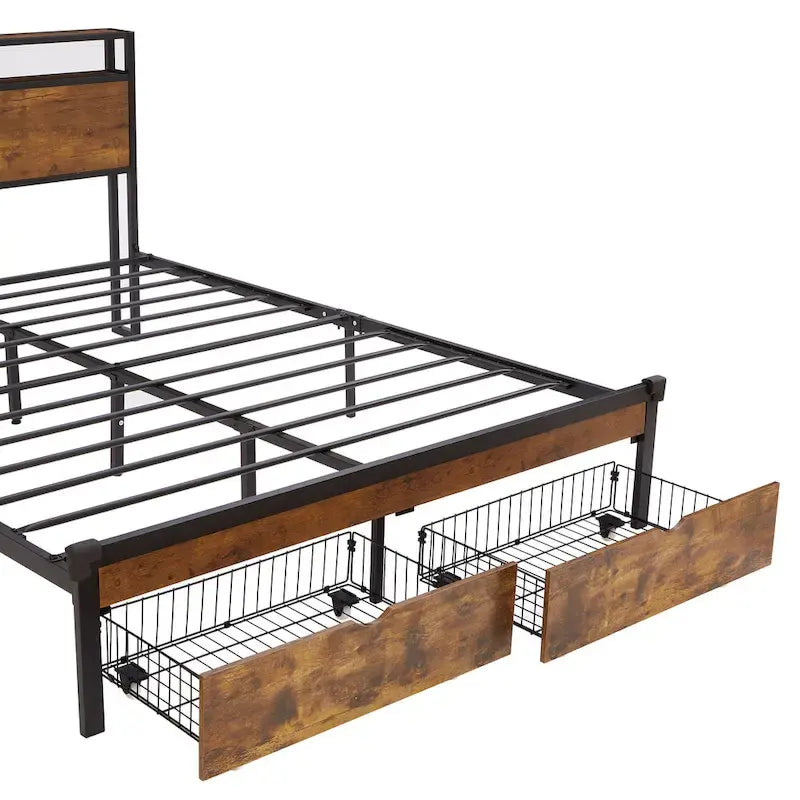 Letto matrimoniale king size marrone e nero con luci a LED, testiera in legno e 2 cassetti portaoggetti