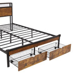 Letto matrimoniale king size marrone e nero con luci a LED, testiera in legno e 2 cassetti portaoggetti