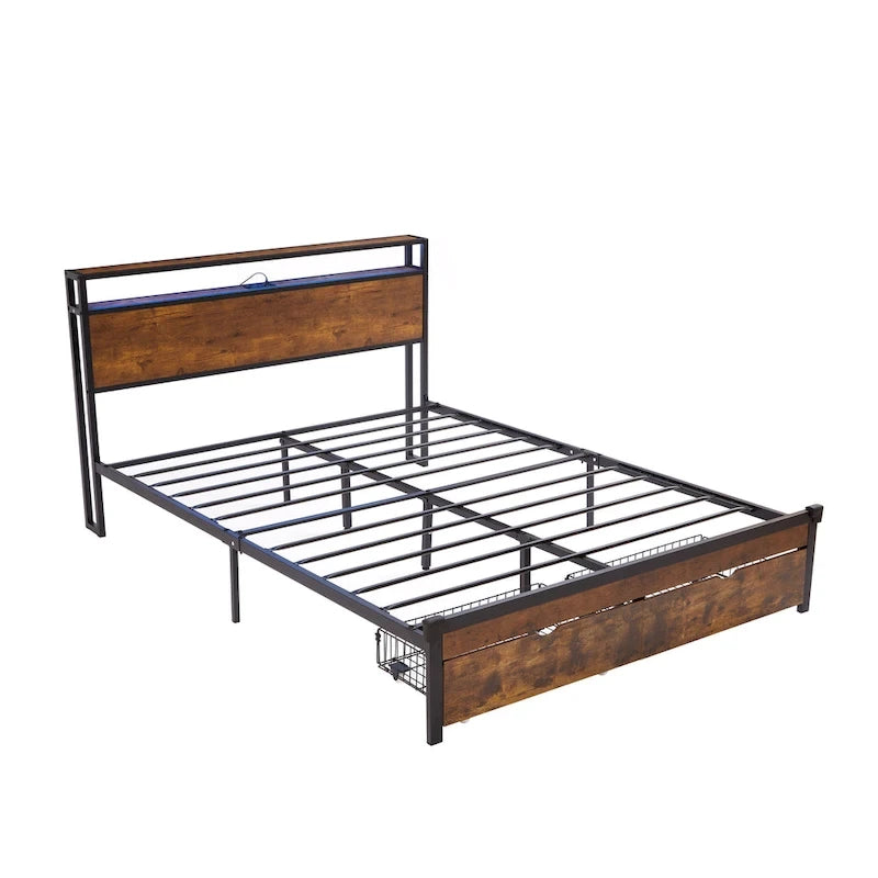 Letto matrimoniale king size marrone e nero con luci a LED, testiera in legno e 2 cassetti portaoggetti