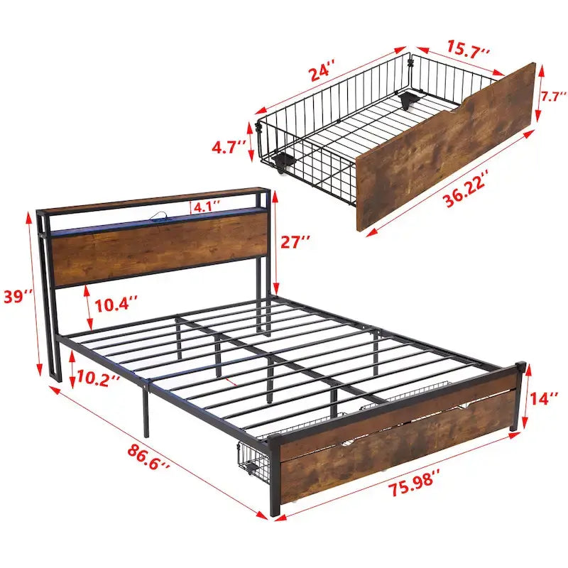 Letto matrimoniale king size marrone e nero con luci a LED, testiera in legno e 2 cassetti portaoggetti