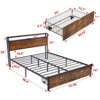 Letto matrimoniale king size marrone e nero con luci a LED, testiera in legno e 2 cassetti portaoggetti