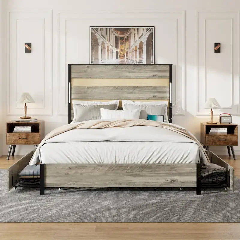Letto a piattaforma Queen grigio anticato con 4 cassetti, testiera a LED e ricarica USB