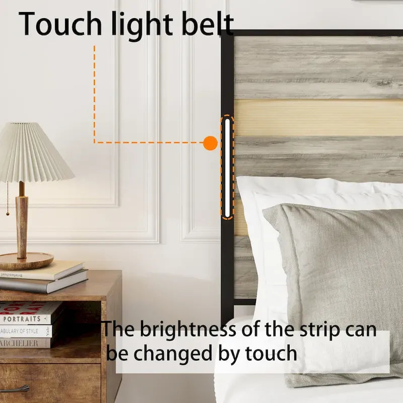 Letto a piattaforma Queen grigio anticato con 4 cassetti, testiera a LED e ricarica USB
