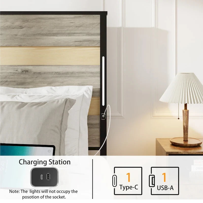 Letto a piattaforma Queen grigio anticato con 4 cassetti, testiera a LED e ricarica USB