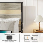 Letto a piattaforma Queen grigio anticato con 4 cassetti, testiera a LED e ricarica USB