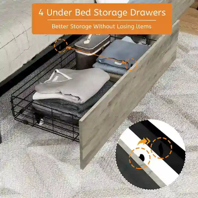 Letto a piattaforma Queen grigio anticato con 4 cassetti, testiera a LED e ricarica USB