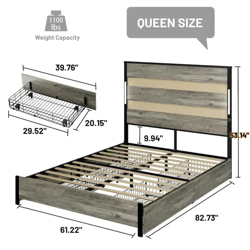 Letto a piattaforma Queen grigio anticato con 4 cassetti, testiera a LED e ricarica USB