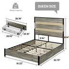 Letto a piattaforma Queen grigio anticato con 4 cassetti, testiera a LED e ricarica USB