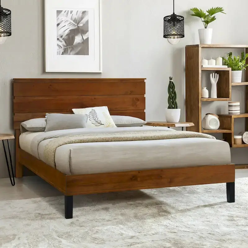 Letto a piattaforma in legno massello marrone Mid-Century Modern, King, 2 persone
