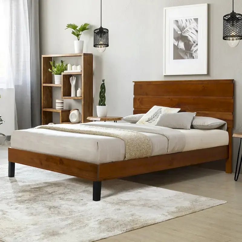 Letto a piattaforma in legno massello marrone Mid-Century Modern, King, 2 persone