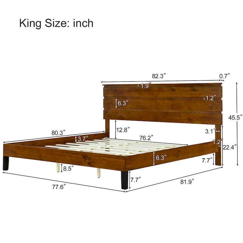 Letto a piattaforma in legno massello marrone Mid-Century Modern, King, 2 persone