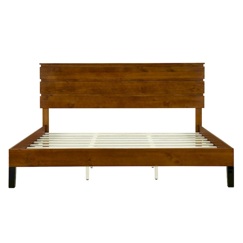 Letto a piattaforma in legno massello marrone Mid-Century Modern, King, 2 persone